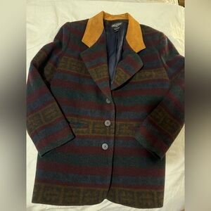 Braeton Wool Aztec Vintage Striped Multicolor Jacket w/ Leather Collar EUC 0400